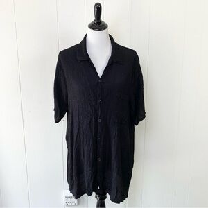 FLAX Large L Blouse Shirt Top Button Down BLACK TEXTURE Short Sleeve Rayon